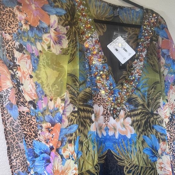 NWT Club Z Collection Large Swim Cover Up Kaftan Dress Floral Animal Beaded - Picture 3 of 10